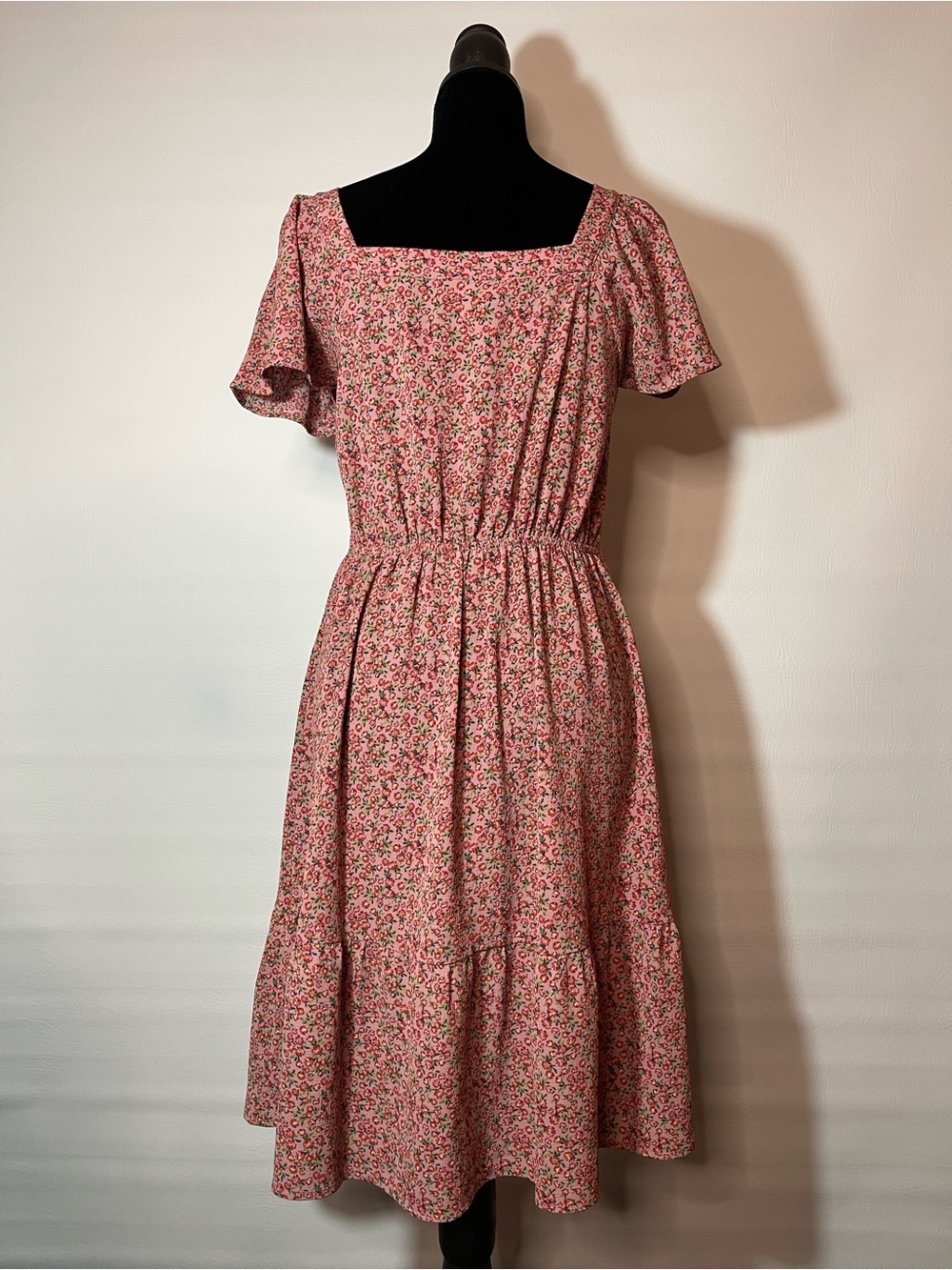 Pink Floral Square-Neck Midi Dress with Elastic Waist